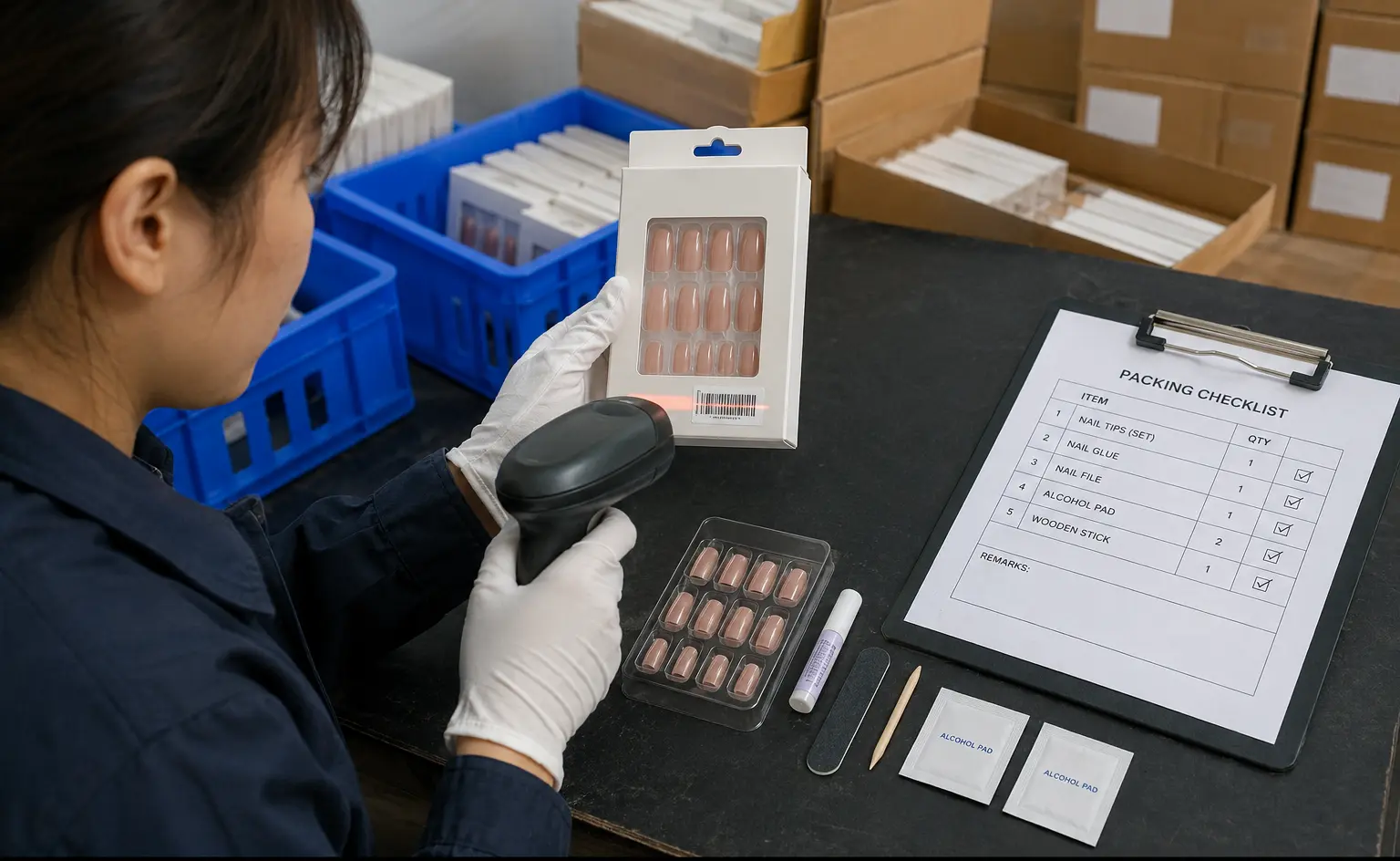 Illustrative visualization of kit and barcode check in a press-on nail workflow