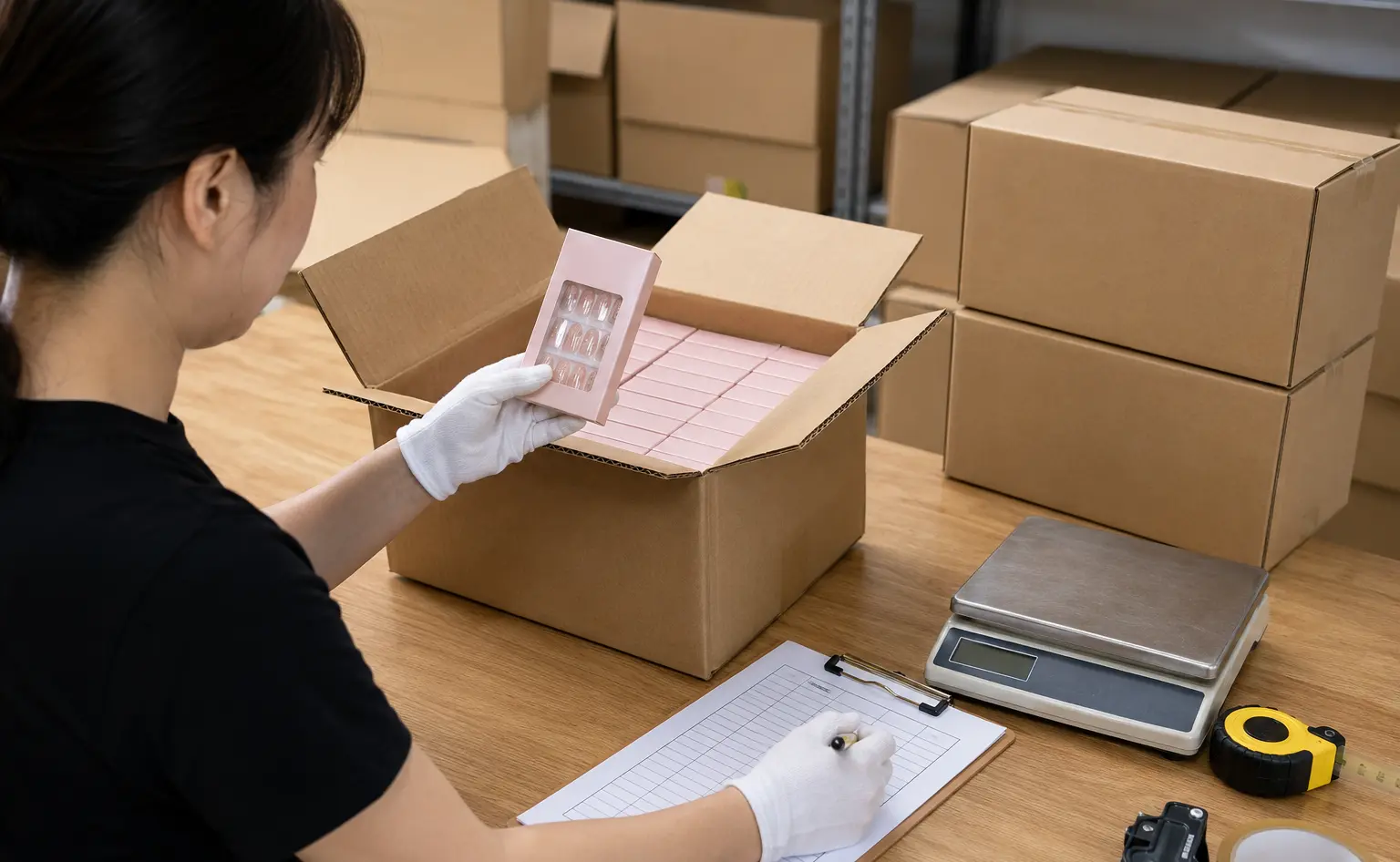 Illustrative visualization of final carton check in a press-on nail workflow