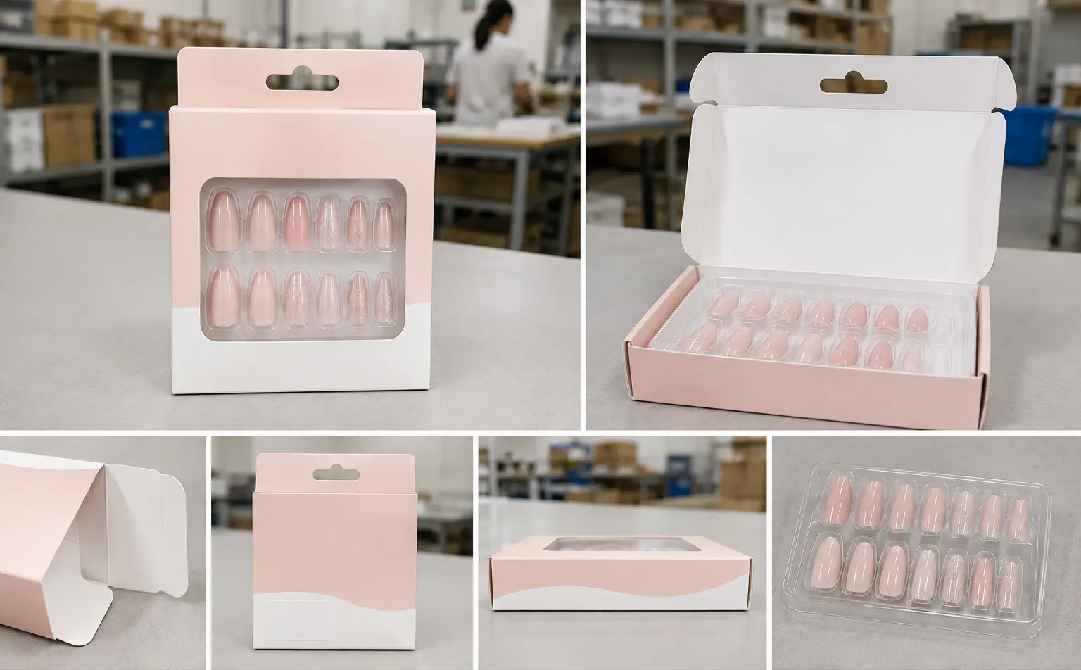 Illustrative visualization of window folding carton in a press-on nail workflow