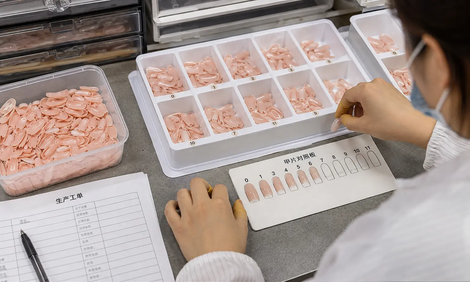 Illustrative visualization of size sorting in a press-on nail workflow