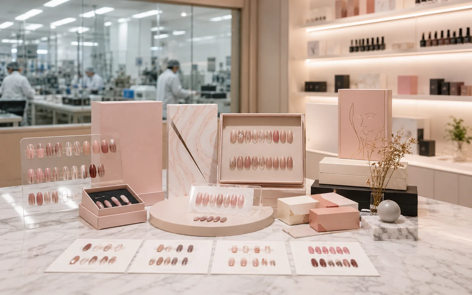 Custom press-on nail design consultation with color samples, references and packaging options