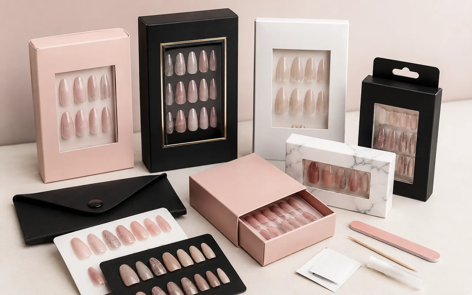 Premium custom press-on nail collections with luxury, bridal, floral and dark designs