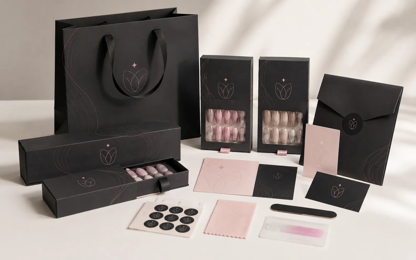 Private-label beauty brand packaging, product boxes, cards, and retail materials