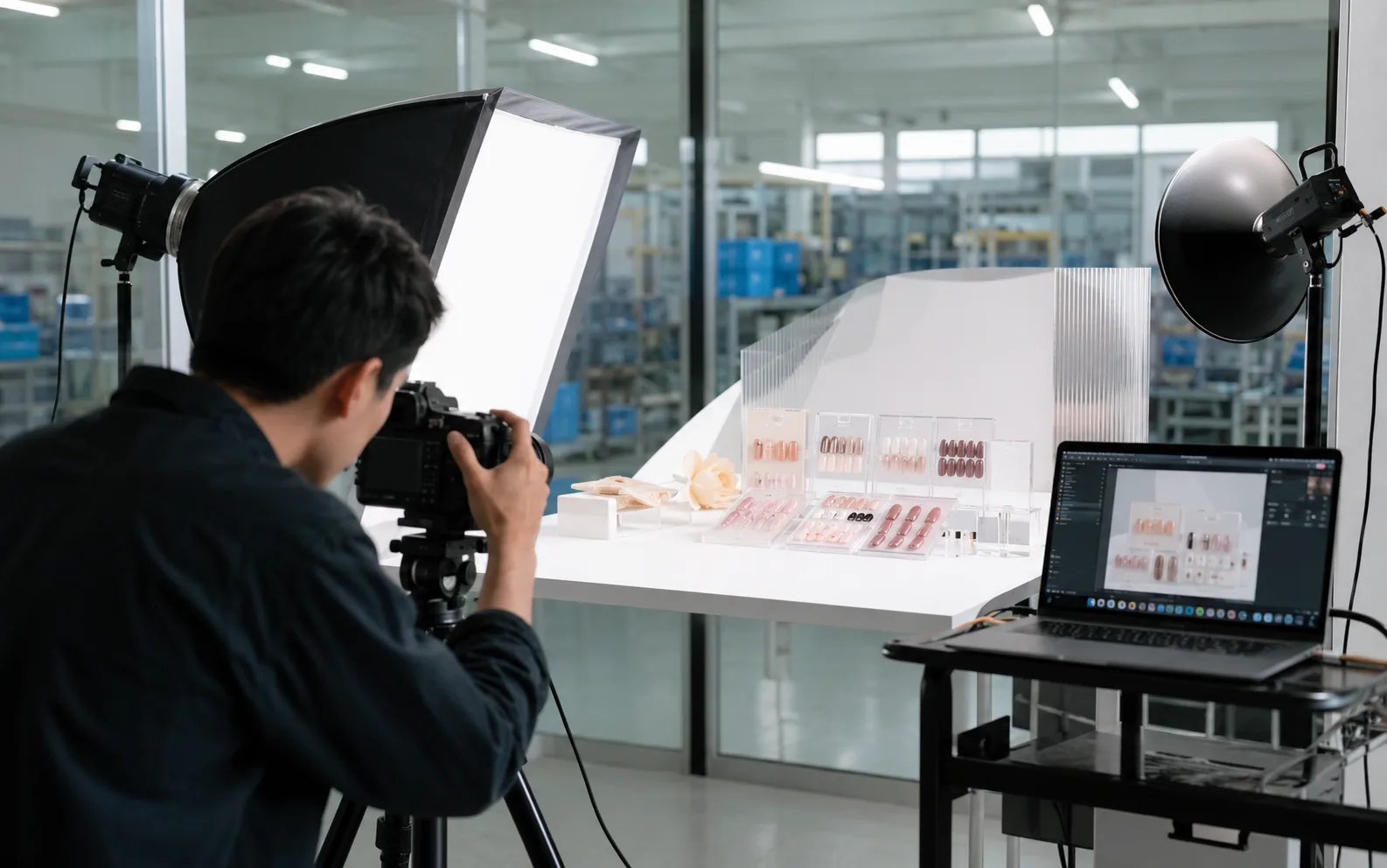 Product photographer preparing press-on nail images inside a manufacturing facility